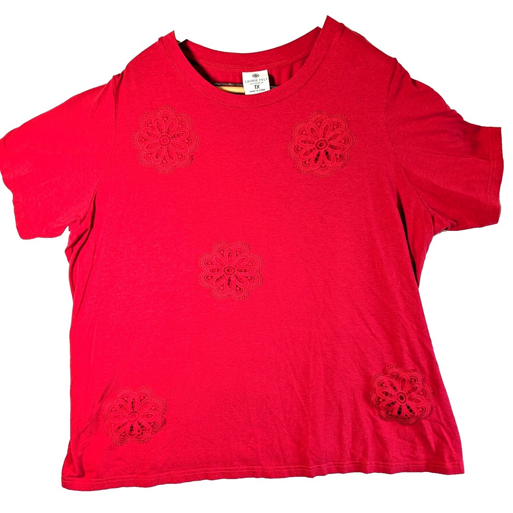 Laurie Felt Cotton Made from Bamboo Tee Red 1X Crochet Flowers Knit Doilies